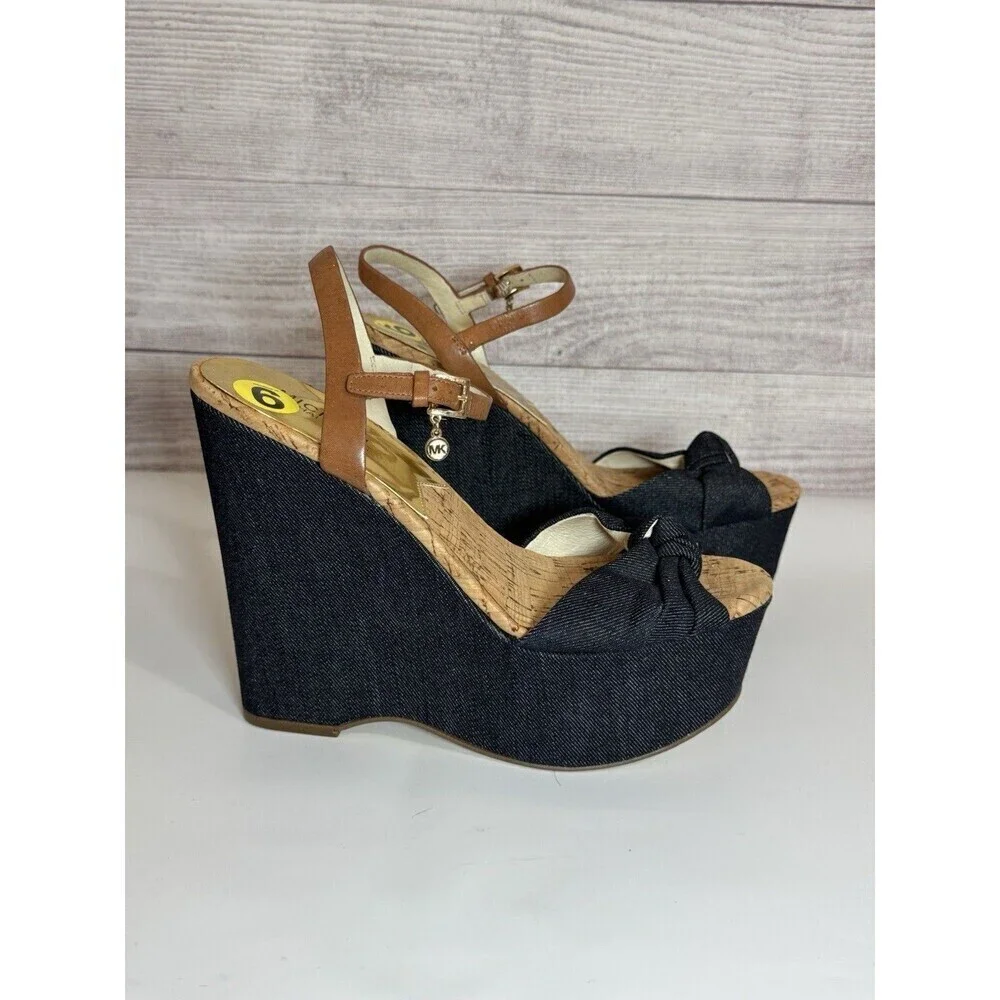 Michael Kors Denim Cork Wedge Sandals Size 9  Ankle Strap Espadrille Heels